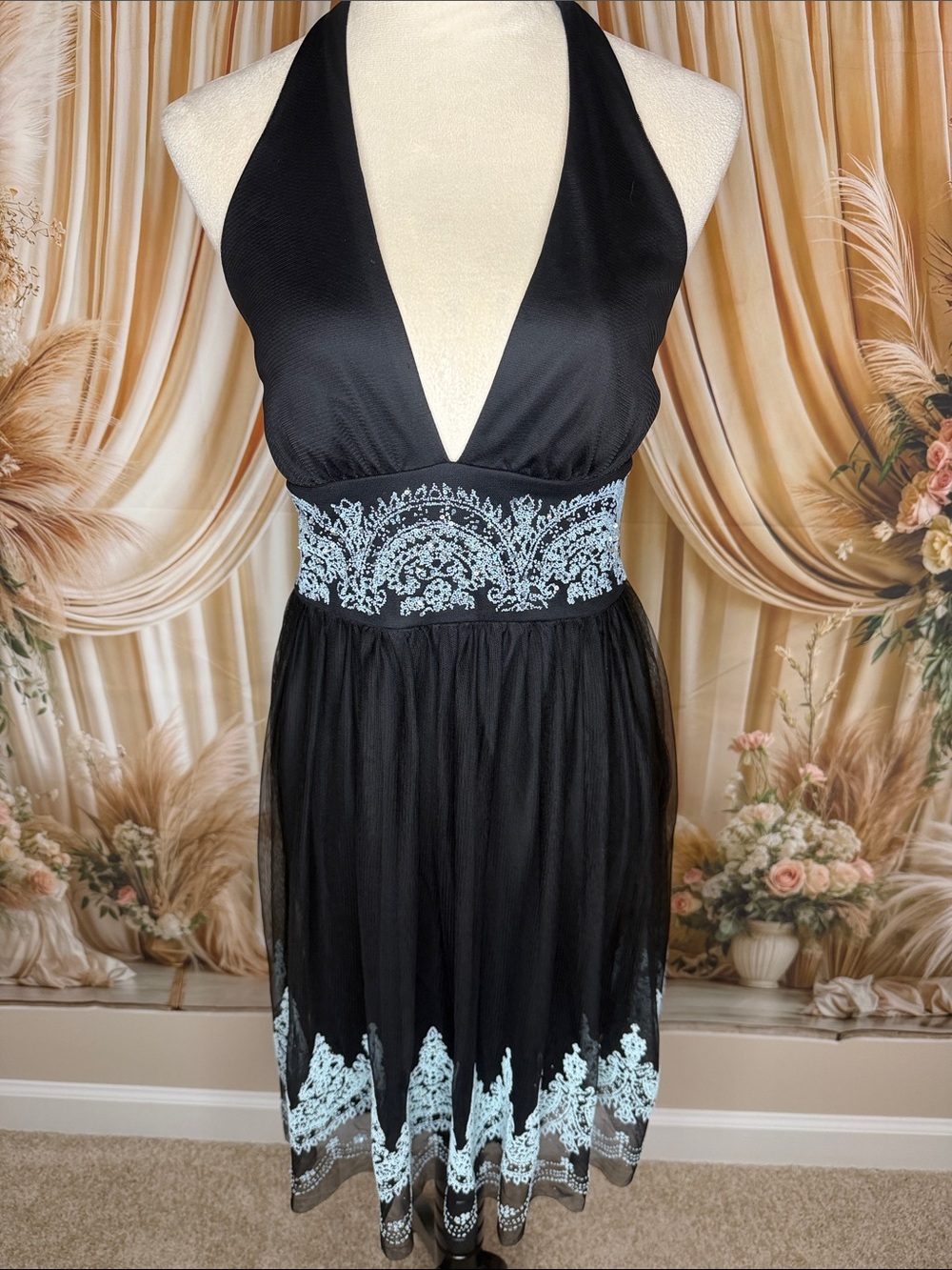 XOXO Black Halter Backless Dress with Light Blue Beading and Sequins
